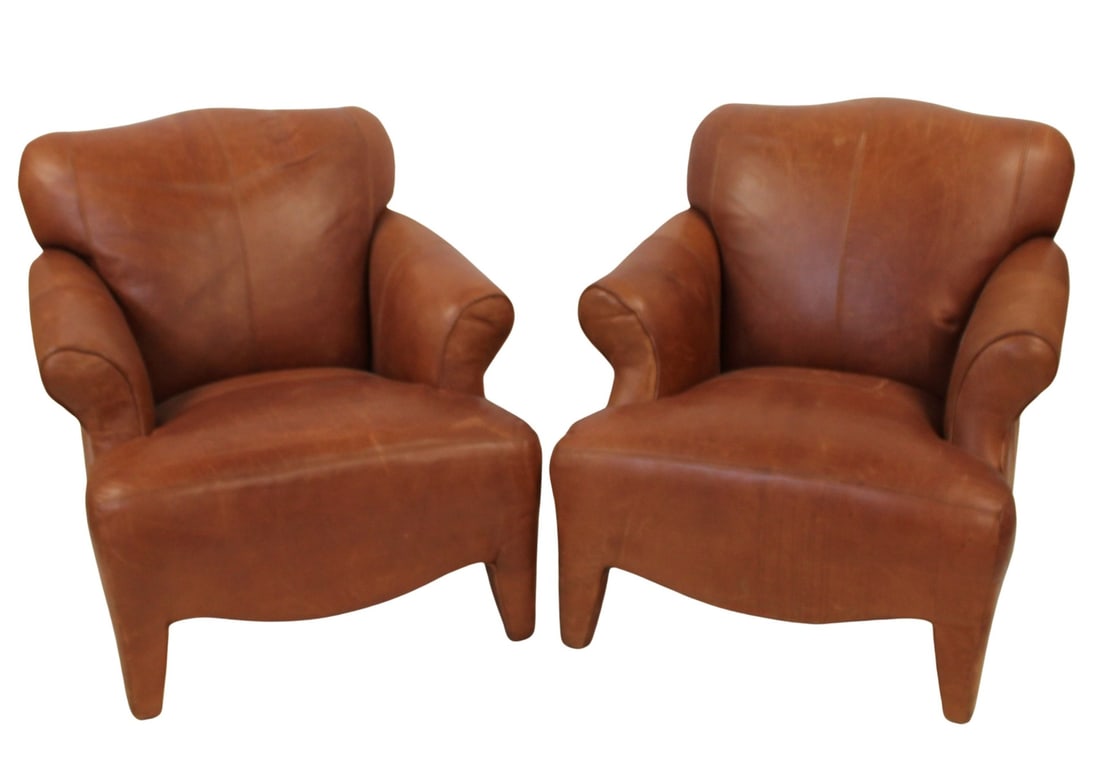 Modern Pr Of Leather Upholstered Lounge Chairs: Nice quality , oversize and comfy . From a Scarsdale estate . - Dimensions: 35"hx32"w x30"d