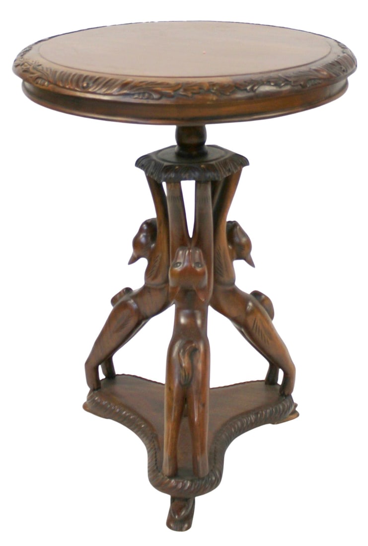 Vintage Mahogany Cat Motif Table.: Round top and pedestal with 3 stretching cats. From a Bay Shore, NY estate. - Dimensions: 31" h x 24"dia.