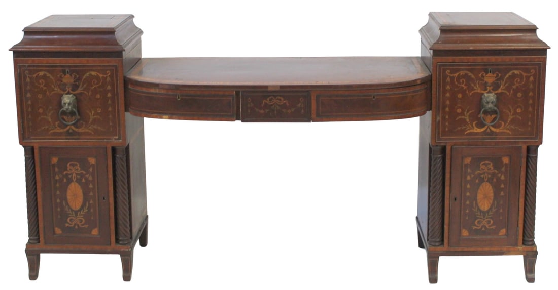 Antique Marquetry Inlaid English Sideboard.: From a Port Chester, NY estate. - Dimensions: 43" h x 87" w x 19" d