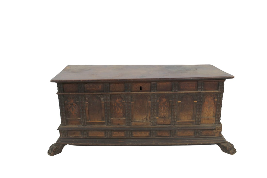 Antique Continental Carved & Inlaid Coffer.: Good age, carved and inlaid in panels and raised on paw feet. From a Port Chester, NY estate. - Dimensions: 24" x 24" x 57".