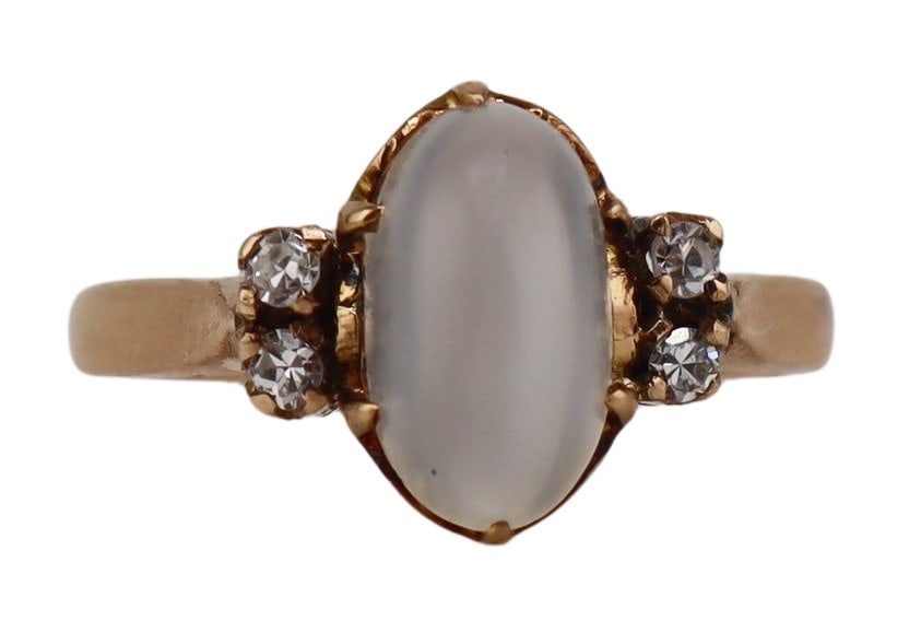 JEWELRY. Sugarloaf Moonstone and Diamond Ring. (1 of 10)