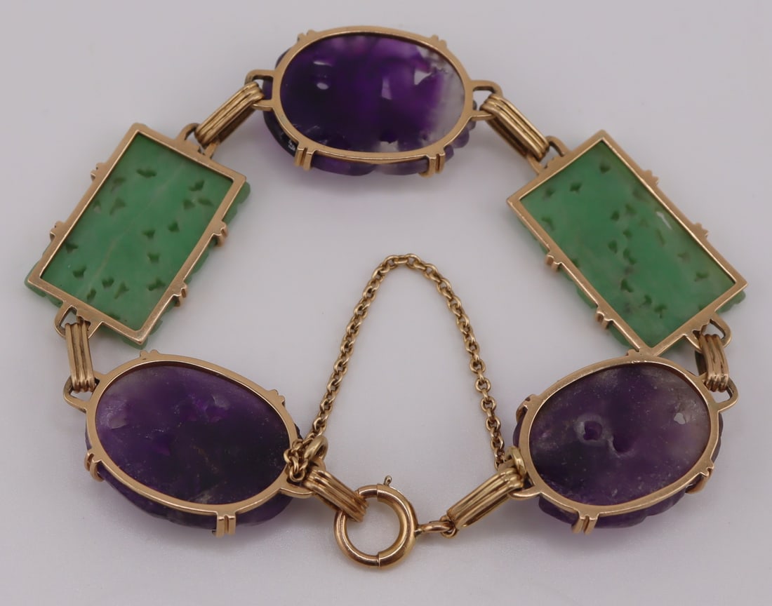 JEWELRY. 14kt Gold, Jade and Amethyst Bracelet. - 10