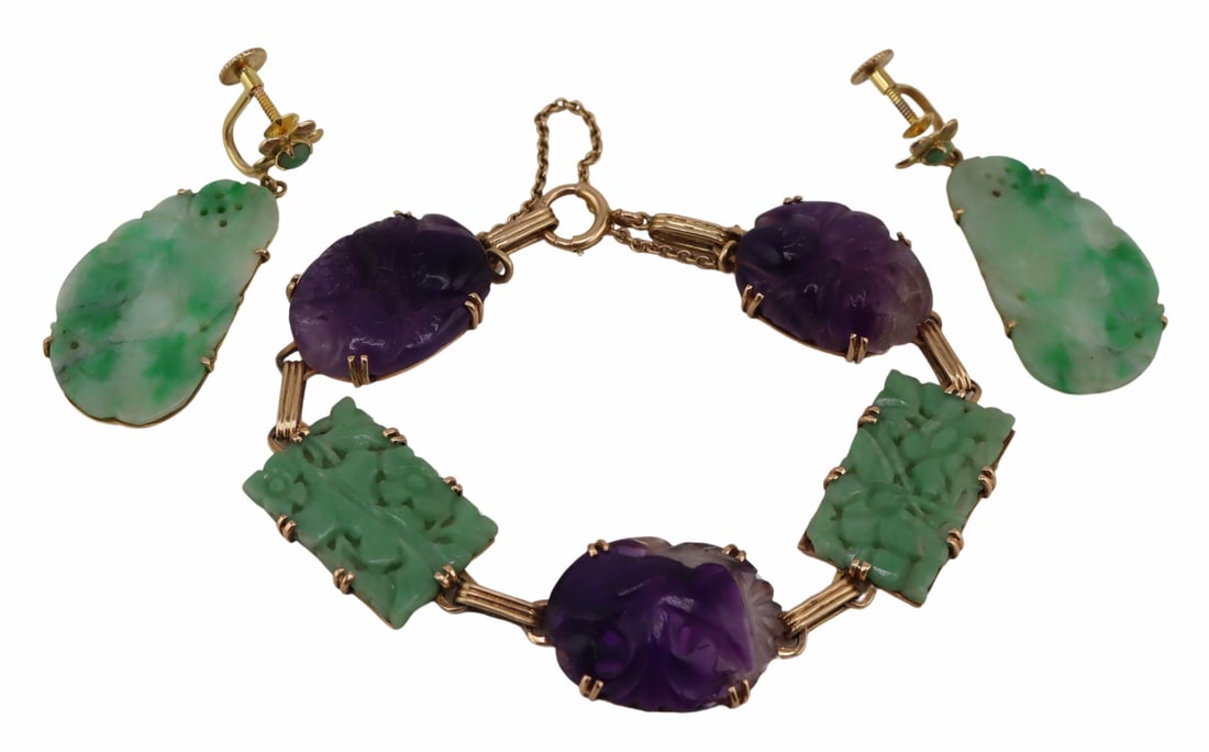 JEWELRY. 14kt Gold, Jade and Amethyst Bracelet. (1 of 11)