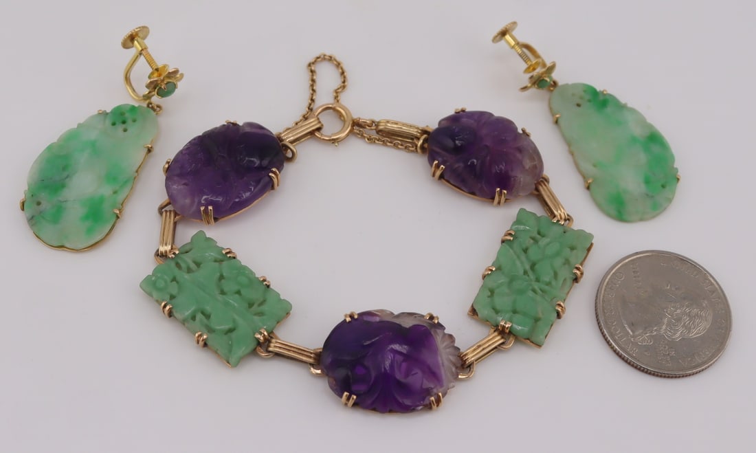 JEWELRY. 14kt Gold, Jade and Amethyst Bracelet. - 6