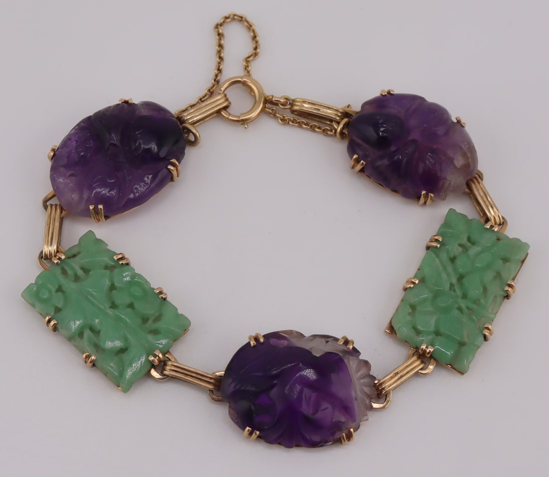 JEWELRY. 14kt Gold, Jade and Amethyst Bracelet. - 7