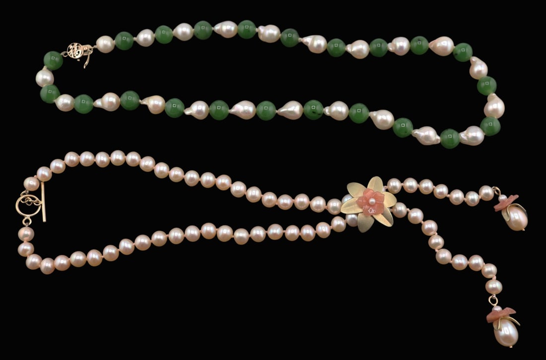 JEWELRY. (2) Pearl Necklaces, (1) Signed.: Includes a signed BH lavalier style individually knotted pink pearl necklace with floral pendants comprised of 14kt yellow gold petals and carved pink petals with pearl accents - with a toggle clasp,