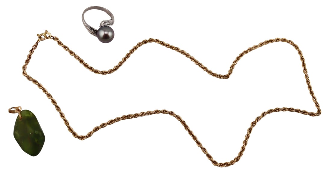 JEWELRY. Platinum and Gold Jewelry Grouping.: Includes a platinum bypass style ring displaying a single Tahitian? pearl accented by (6) pave diamond accents - pearl measures approx. 10.0mm, ring size - 5, stamped, "Pt900" with an