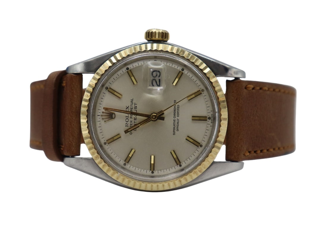 JEWELRY. Vintage Rolex Datejust Two-tone Watch.: A men's vintage Oyster Perpetual stainless steel and 14kt yellow gold watch, Ref. #1601. This Rolex, manufactured in 1970 (based on the serial number: 2445660), features a 36mm stainless steel case (h