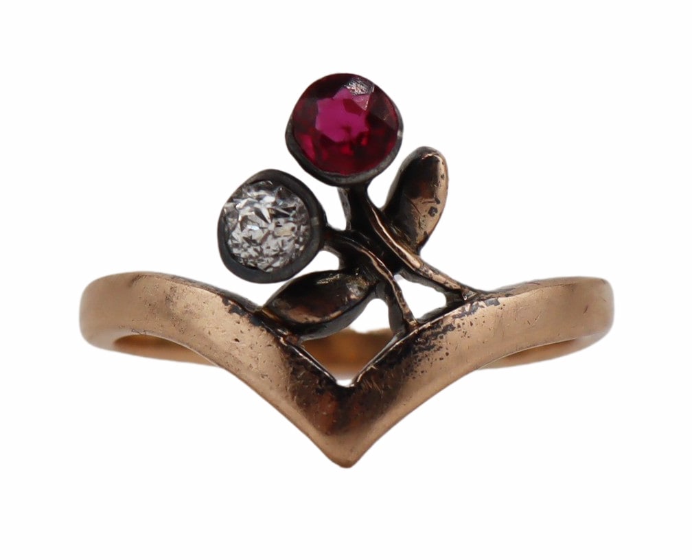 JEWELRY. Imperial Russian 14kt Gold, Ruby and: Diamond Ring. Signed Imperial Russian 14kt yellow gold accented by a silver bezel set Old Mine cut diamond and a silver bezel set round faceted ruby. Stamped to the exterior underside of the band,