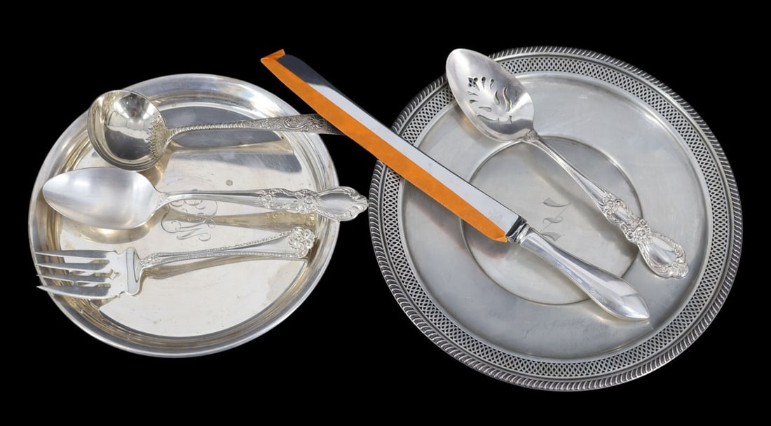 STERLING. Assorted Sterling Hollowware & Flatware.: Including a monogrammed round sterling tray - stamped, "Sterling"; a monogrammed round sterling tray with a pierced border - stamped, "Sterling"; and (2) assorted sterling serving