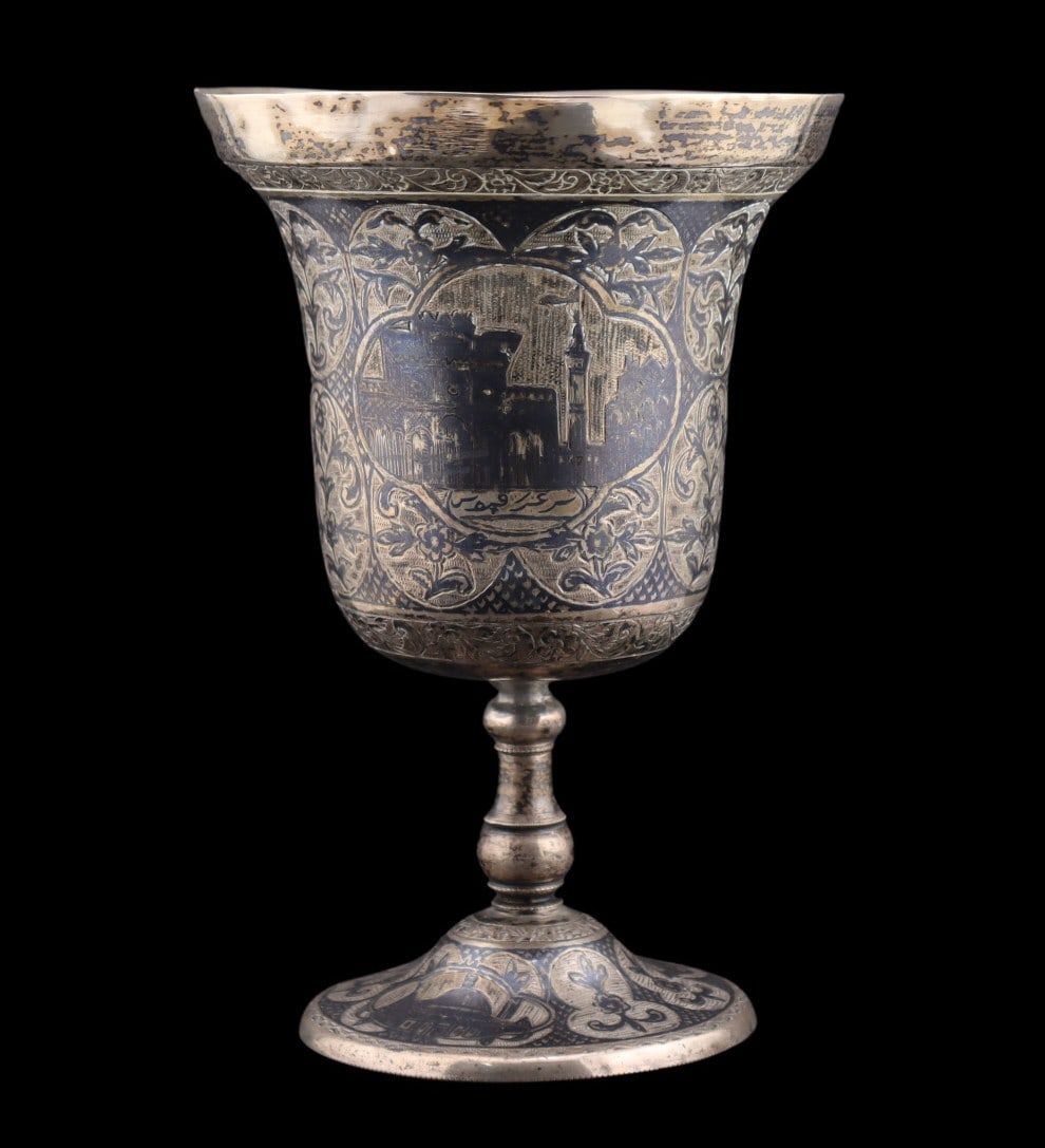 SILVER. Ottoman Empire Turkish Silver Niello Cup.: An antique Ottoman Empire Turkish silver niello cup.- Stamped verso in Arabic. Total approx. weight is 4.84 troy oz (gross). From a Mamaroneck, NY estate. Dimensions: cup measures approx. 5.25" i
