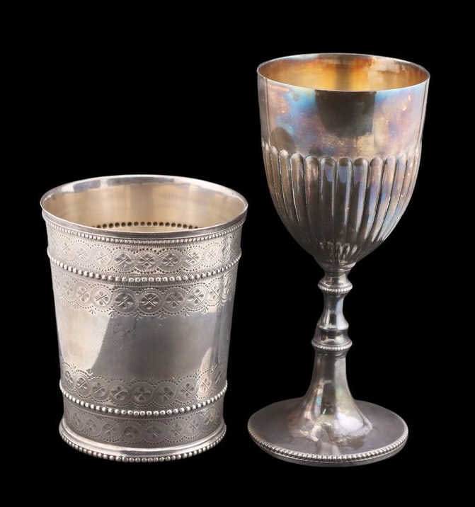 SILVER. Victorian English Silver Beaker.: An ex James II Galleries monogrammed English silver beaker with a city mark of London, maker's mark of, Thomas Bradbury & Sons (Joseph & Edward Bradbury), and a date stamp of 1868. Accompanied