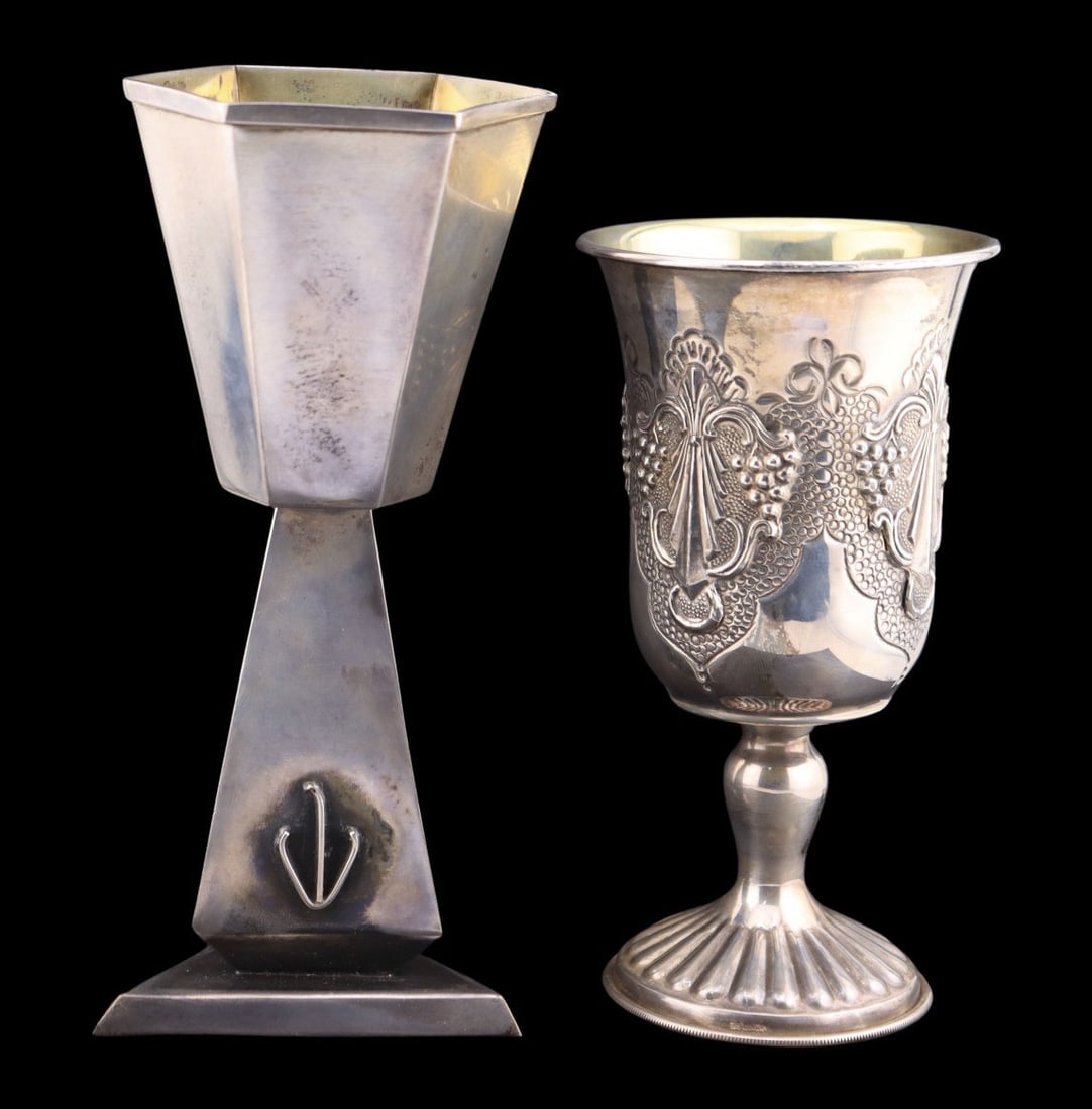 JUDAICA. (2) Israeli Sterling Kiddush Cups.: Including an Israeli Hazorfim sterling kiddush cup with an interior gold wash - stamped, "Hazorfim 925"; and an Israeli sterling modernist kiddush cup with applied Hebrew letters - stamped