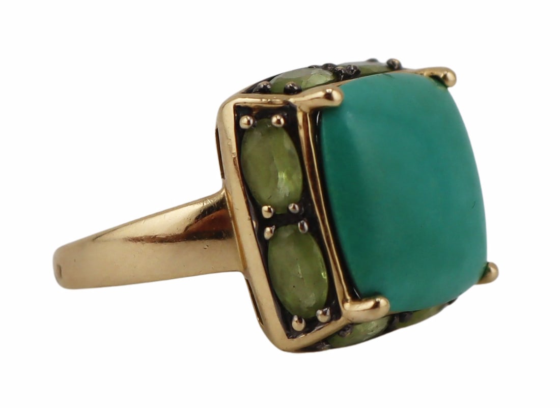 JEWELRY. Le Vian 14kt Gold and Gem Ring.: Le Vian 14kt yellow gold ring displaying a central prong-set polished turquoise pendant accented by (8) oval faceted peridot to the surround. Stamped, "LeVian 14K" with a small pictorial