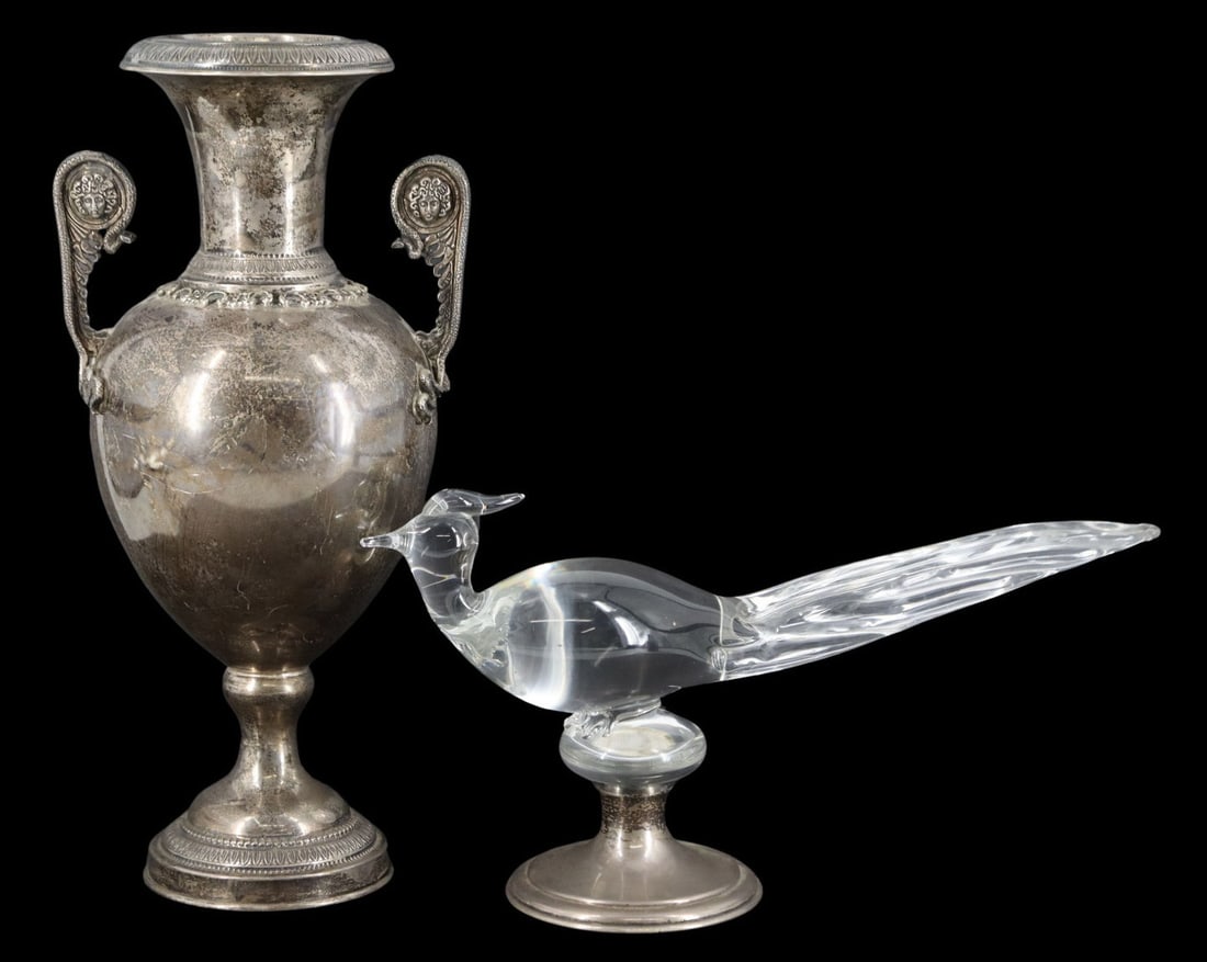 STERLING. Greek Sterling Medusa Serpent Urn.: Including a weighted sterling Greek urn with serpent form handles encircling Medusa reliefs, stamped "925" alongside Greek characters translating to "hand worked"; and a Hawkes