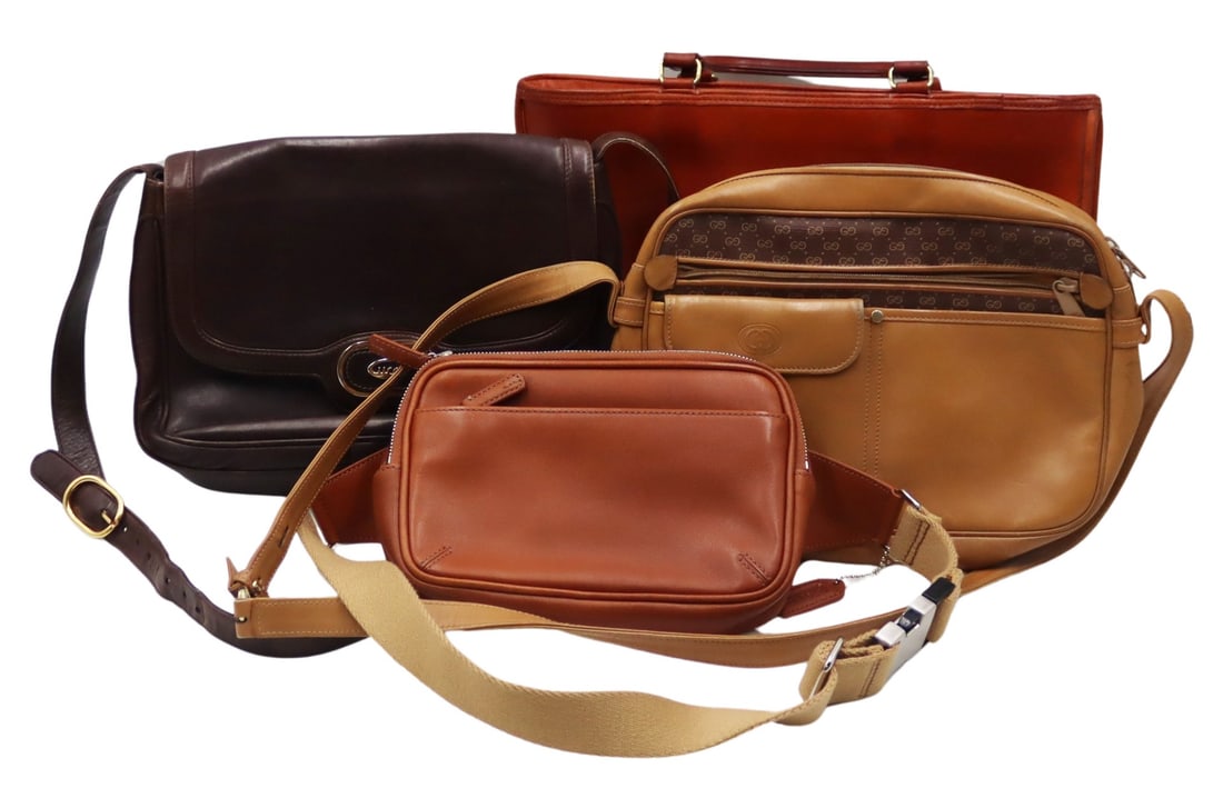 COUTURE. (4) Vintage Purses Inc. Gucci and Coach.: Includes a Coach brown leather belt bag or fanny pack with Coach leather hang tag; Coach Bonnie Cashin rust leather 'Watermelon' bag - missing leather Coach tag; vintage Gucci tan leather and micro GG