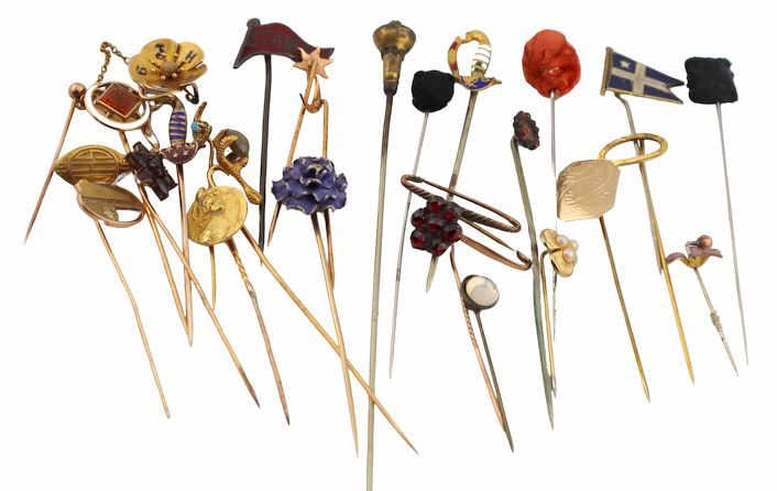 JEWELRY. Vast Array of Gold and Costume Stickpins.: Including a French Art Nouveau 18kt yellow gold stickpin with diamond chip accents - stamped with a pictorial purity mark of an eagle's head, signed "Georges Van Der Straeten"; a French