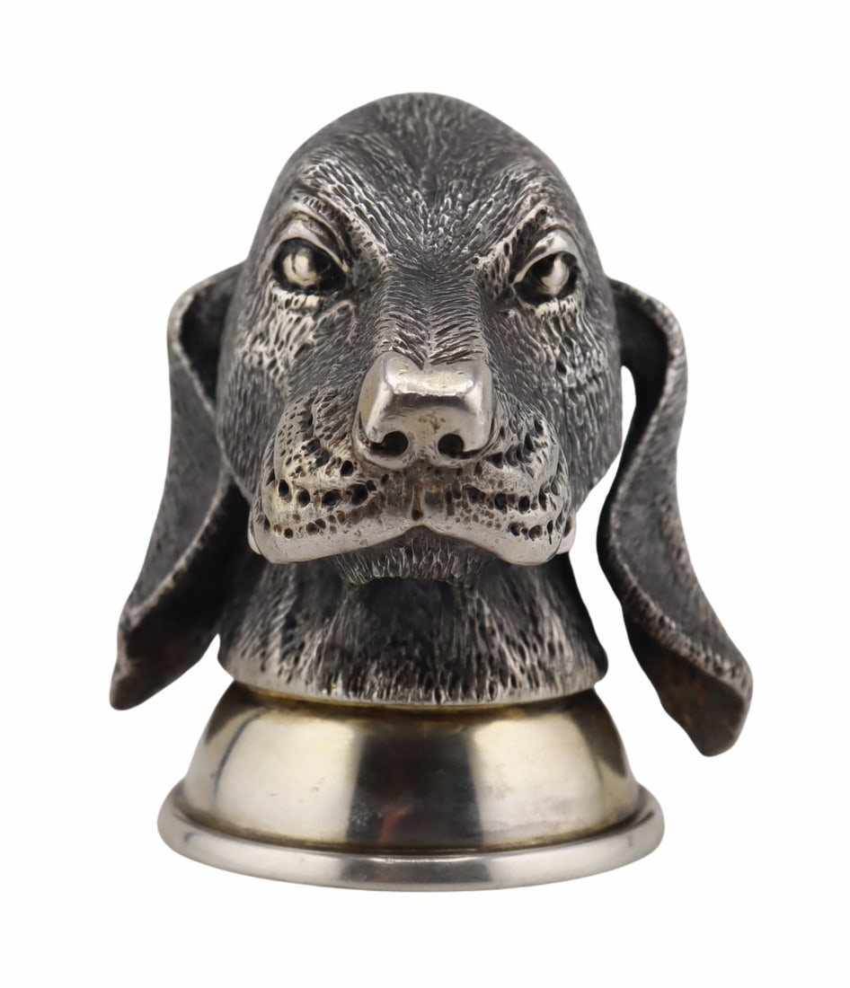 SILVER. Russian Silver Hound Dog Form Stirrup Cup.: Signed Russian silver stirrup cup in the form of a highly detailed hound dog. Displaying a gold wash to the interior of the cup. Stamped to the exterior of the cup. Total approx. weight of the cup is
