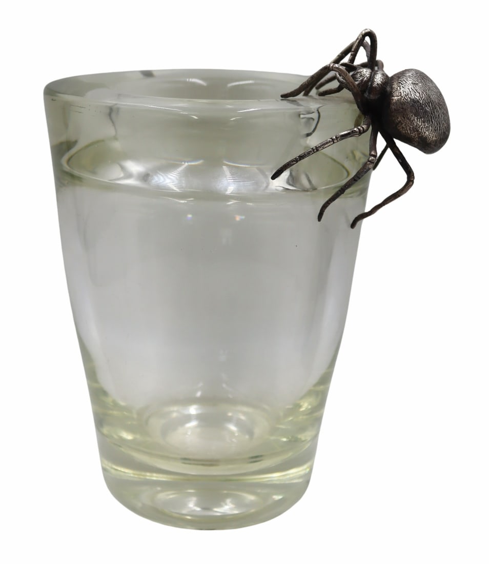 SILVER. Heavy Leerdam Glass Vase with Spider.: Wonderfully whimsical heavy Leerdam glass tapered vase displaying a beautifully ornate and realistic spider perched on the rim. Acid etched mark to the underside, with a second unidentified mark. No