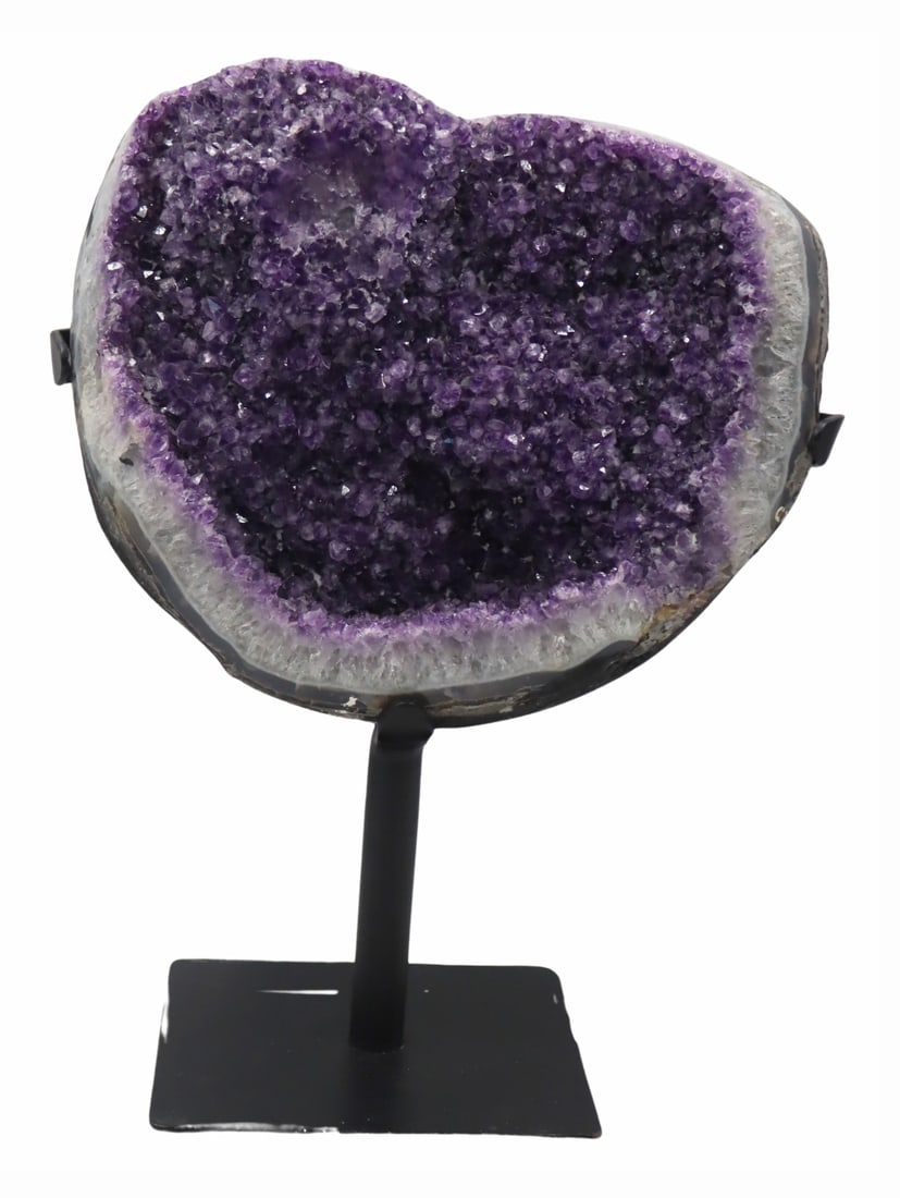 Beautifully Mounted Vibrant Amethyst Specimen.: Vibrant purple amethyst specimen beautifully mounted in a black iron? stand. Dimensions: 13" w x 11.5" h.