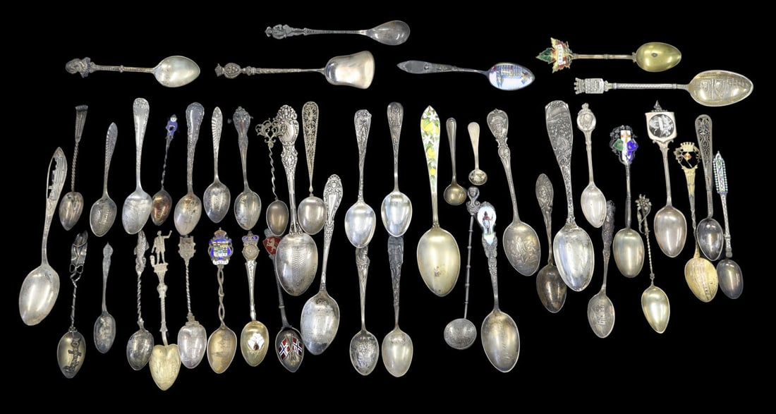 STERLING. Huge Souvenir Spoon Collection.: A varied and engaging collection of (42) souvenir spoons in sterling, silver, and silverplate, representing a wide array of historical, cultural, and geographic themes. This assortment includes
