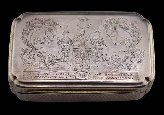 SILVER. English Silver Ancient Order of Foresters: Box. A spectacular monogrammed English silver box bearing a fine engraving with a gilt interior. With a city mark of London, maker's mark of John Reily, and a date letter of 1808. Total approx. weight