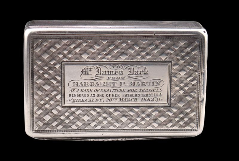 SILVER. Scottish Silver Tartan Box.: A wonderful engraved Scottish silver tartan box with a gilt interior. With a city mark of Edinburgh, maker's mark of George Carstairs, and a date letter of 1860. Total approx. weight of the box is