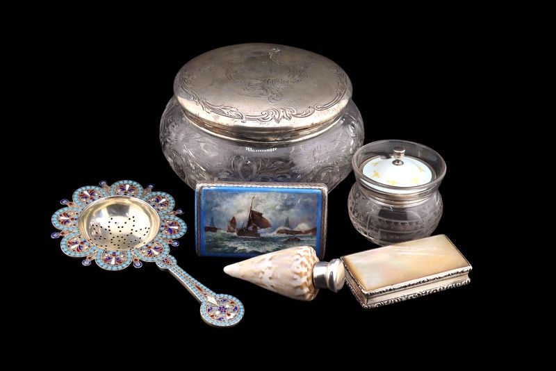 SILVER. Assorted Silver and English Silver Group.: Including a monogrammed Gorham sterling-mounted cut glass bowl - stamped, "Sterling"; a silver hinged box with shell inserts - stamped, "CC"; a petite glass pot with an unmarked si