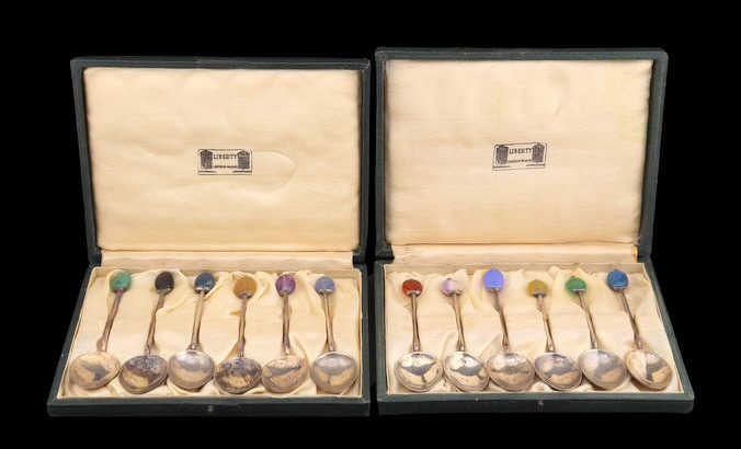 SILVER. Cased English Silver and Gem Spoons.: (12) cased English silver demitasse spoons, each featuring hardstone terminals. Bearing the Birmingham city mark, the maker’s mark of Liberty & Co., (6) bear a date letter for 1927, (5) bear