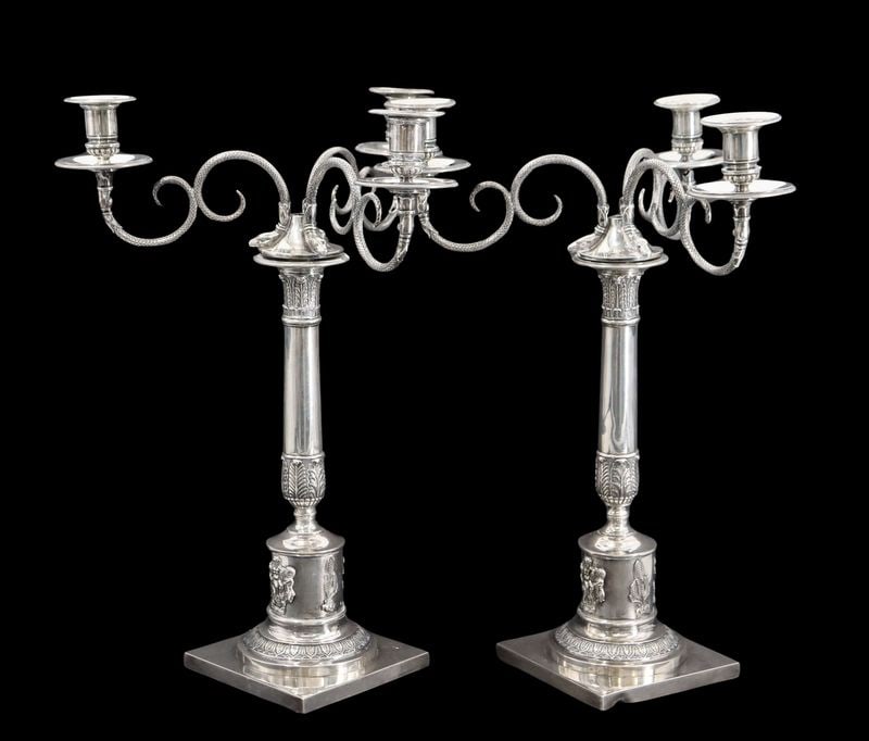 SILVER. Continental Loth .812 Silver Candelabras.: A pair of Continental .812 (Loth) silver three-light candelabra, likely of German or Austrian origin, each featuring scrolling arms formed as serpents. The stems are executed in a traditional columnar