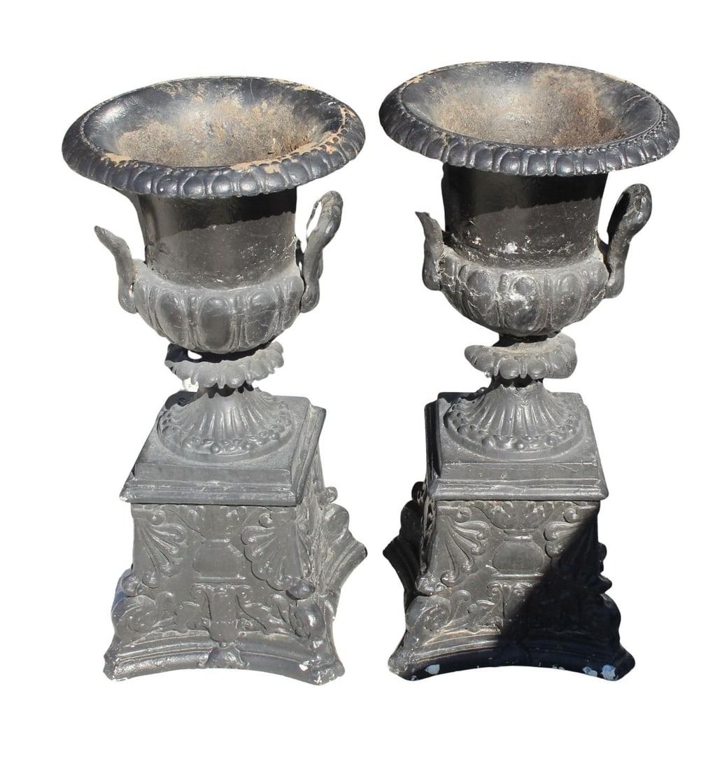 A Vintage Pr Of Enameled Aluminum Urns: From a New Hope,PA estate . - Dimensions: 30"h each