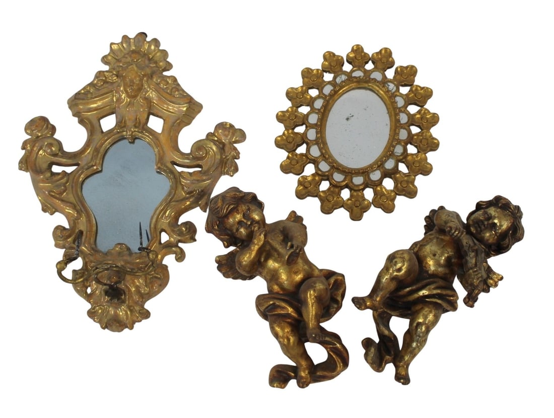 Lot Of Assorted Gilt Italian Decorations .: To inc gilt wood mirror / sconce , 24" x17" giltwood mirror, 15" x13" and 2 composition cherubs,15" .From a Portchester estate .