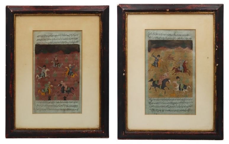 (2) Framed Persian Manuscript Pages.: Displaying warriors on horseback. From an Ozone Park, NY estate. Dimensions: frames measure approx. 18.25" h x 14.25" w; sight measures approx. 11.5" h x 6.75" w.