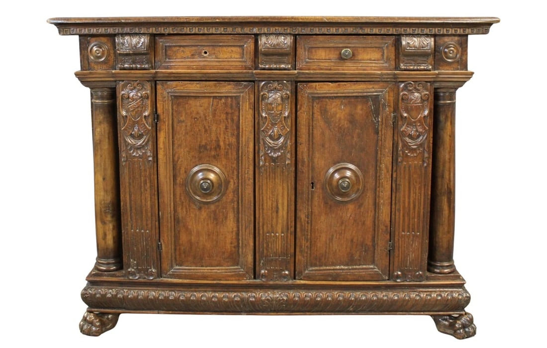 17 / 18 Century Italian Renaissance Style Cabinet: Large , carved and with nice original patina and raised on paw feet . From a Brooklyn estate . - Dimensions: 52" x 20" x 69"