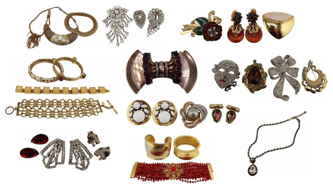 JEWELRY. Collection of Costume Jewelry.: Includes a Boucher white enamel and beaded bangle bracelet; a U. Correani gold-tone and multi-color cabochon bangle bracelet; a Barrera gold-tone handhammered tapered cuff bracelet; a Barrera gold-ton