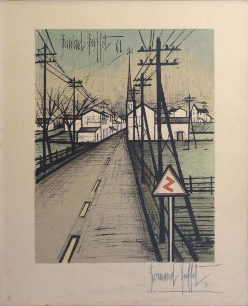 BUFFET, Bernard. Lithograph "La Route.": Pencil signed lower right. Published by Charles Sorlier. Bernard Buffet, French, 1928-1999. From a Bronx, NY home. Dimensions: 13.75" high x 10.5" wide. Condition: Heavily toned sheet, otherwise good.