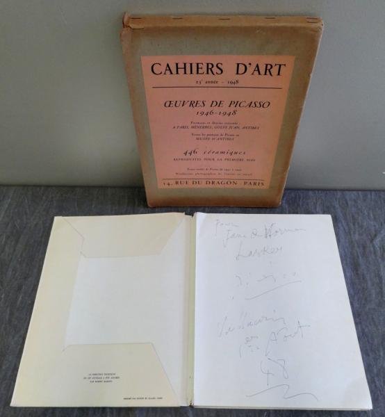 PICASSO Signed 1948 "Cahiers D'Art: Oeuvres De: Picasso 1946–1948." French Art Journal Edited by Christian Zervos. Paris: Cahiers d'Art, 23 annee, 1948. Signed and inscribed by Pablo Picasso on the free endpaper: 'Pour Jane a Norman Laskey / Pica
