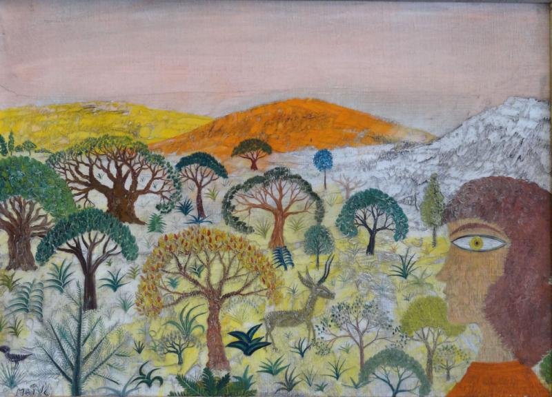 Maik, Henri Hecht. Oil On Canvas "L'Oeil Vigilante: OSur La Plaine Africaine." Signed lower left. Henri Hecht Maik, French, b. 1922. Purchased from the Wally Finaly Gallery in 1970 - with accompanying gallery brochure and guarantee. From a Bronxville, 
