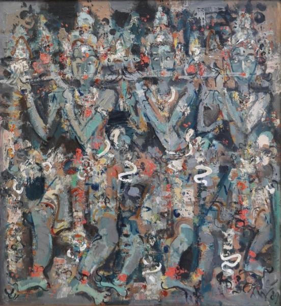Signed Oil on Canvas of Balinese Dancers.: Signed or monogrammed O.L.W (?) and dated 89 lower right. From an Old Westbury, NY estate. Dimensions: 37.5" high x 28" wide. Condition: Areas of heavy impasto with minor cracking, otherwise good cond