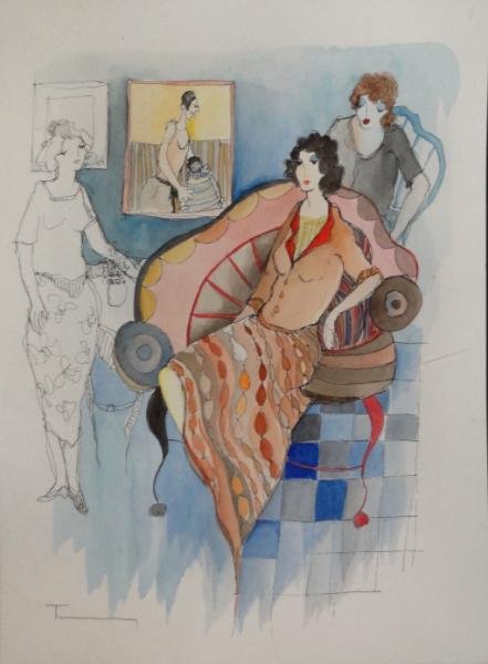 TARKAY, Itzchak. Ink & Watercolor of Three Women.: Signed lower left. Certificate of Authenticity Issued by N. Isen, Philadelphia adhered verso. Itzchak Tarkay, Serbian/Israeli, 1935 - 2012. From a Central Park South, NYC home. Dimensions: 15.5" high 