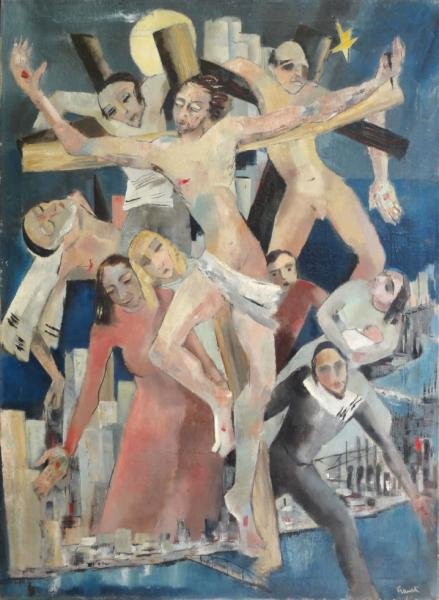 FRANCK, Frederick. Oil on Canvas "Urban: Crucifixion." Signed lower right. Frederick Sigfred Franck, Dutch - active in New York, 1909 - 2006. From a Great Neck, NY collector. Dimensions: 39.75" high x 31" wide. Condition: Light surface dust.