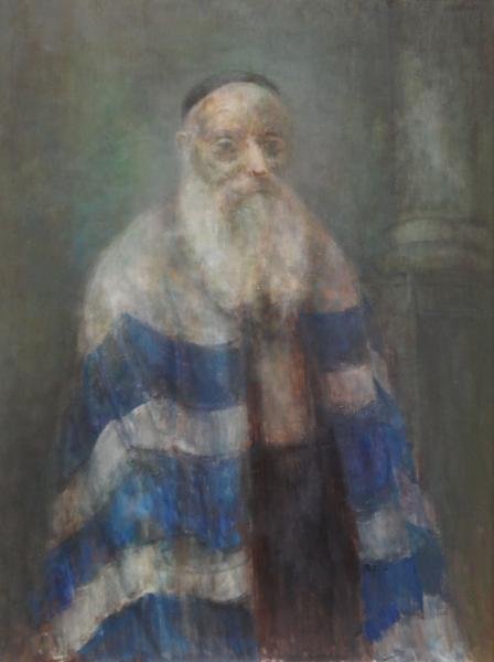 CHERNEY, Marvin. Oil on Canvas "Man with a Prayer: Shawl." Signed upper right. Washington Irving Gallery, New York label verso. Ex-Hirshhorn collection. From a Great Neck, NY collector. Dimensions: 38" high x 30.25" wide. Condition: Good, light surfac