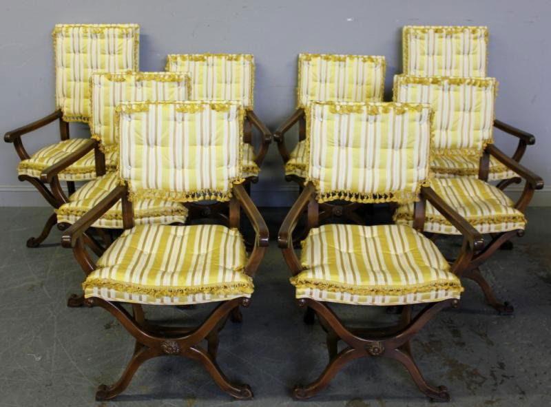 8 Neoclassical Style Dining Chairs.: Includes 6 chairs with lower backs - 26" wide x 21" deep x 38" high, and 2 chairs with higher backs 26" wide x 21" deep x 45" high. All chairs with arms. From an Old Westbury, NY estate. Condition: Go