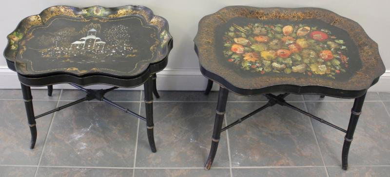 Two Antique Tray Tables.: On custom faux bamboo style stands. One tole top table with mother of pearl, and the other table papier mache with mother of pearl. From a White Plains, NY estate. Dimensions: Papier mache table - 25.