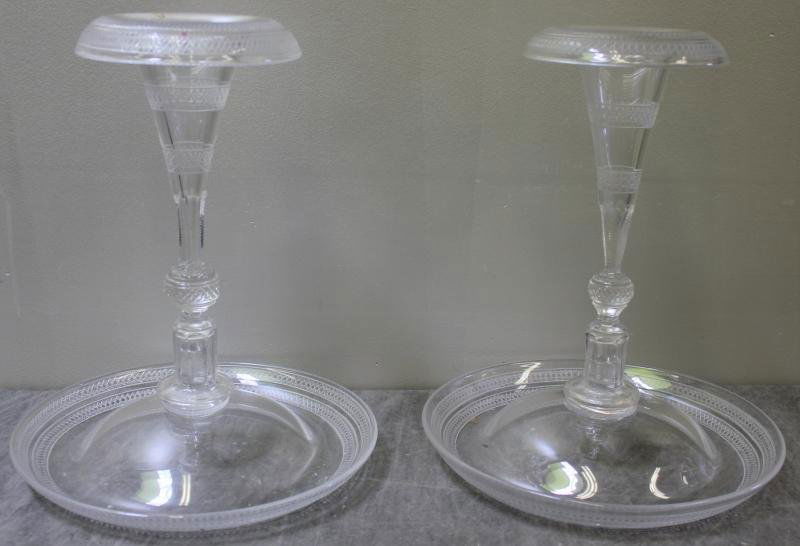 Pair of Finely Cut Glass Epergnes?: From an Old Westbury, NY estate. Dimensions: Base - 11.5" diameter x overall height - 14.125" high.