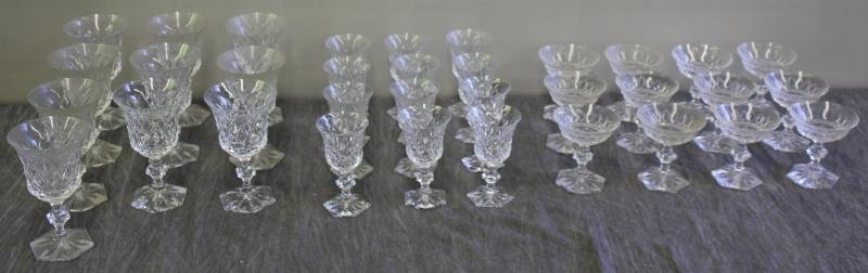 Set of Val St Lambert Stemware.: Includes ten water - 6.675" high; twelve white wine - 5.25" high; and twelve saucer champagne - 4.25" high. From an Old Westbury, NY estate.