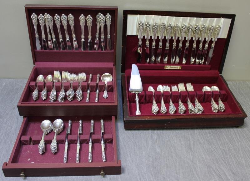 STERLING. Wallace "Grande Baroque" Flatware Set.: Includes 24 teaspoons, 24 soup spoons, 24 luncheon forks, 24 dinner forks, 12 butter knives, 24 dinner knives, 1 ladle and 1 pie server. Circa 1941. Approx. 152 troy oz of weighable sterling. From a M