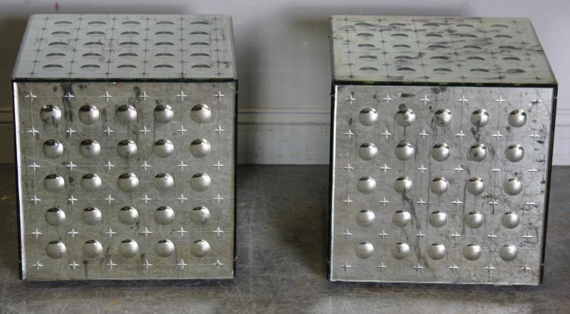 Midcentury Pair of Mirrored Cube End Tables.: Mirrored square bubble eye motif. From a Harrison, NY estate. Dimensions: 16.5" wide x 16.5" deep x 16 high. Condition: Good.