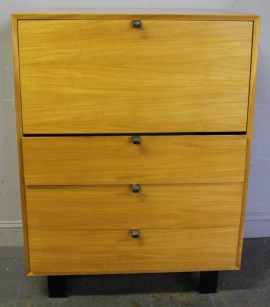 George Nelson Midcentury Drop Front and 3 Drawer: Blonde Wood Chest. From a Scarsdale, NY estate. Dimensions: 34" wide x 16.5" deep x 45.5" high.