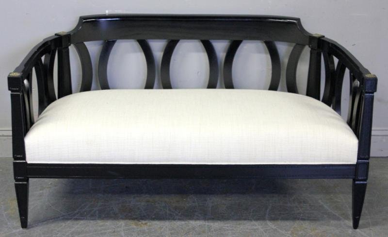 Black Lacquered and Gilt Metal Loveseat.: From a New Canaan, CT home. Dimensions: 50" wide x 27" deep x 25" high.